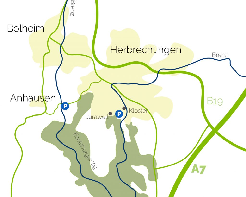 Anfahrtsskizze Eselsburger Tal mit Parkplätzen in Bolheim und Herbrechtingen